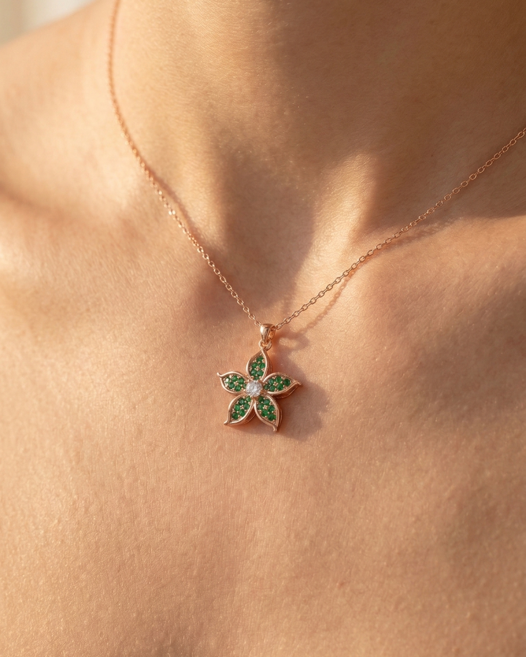 Emerald Bloom Flower Necklace In Rose Gold