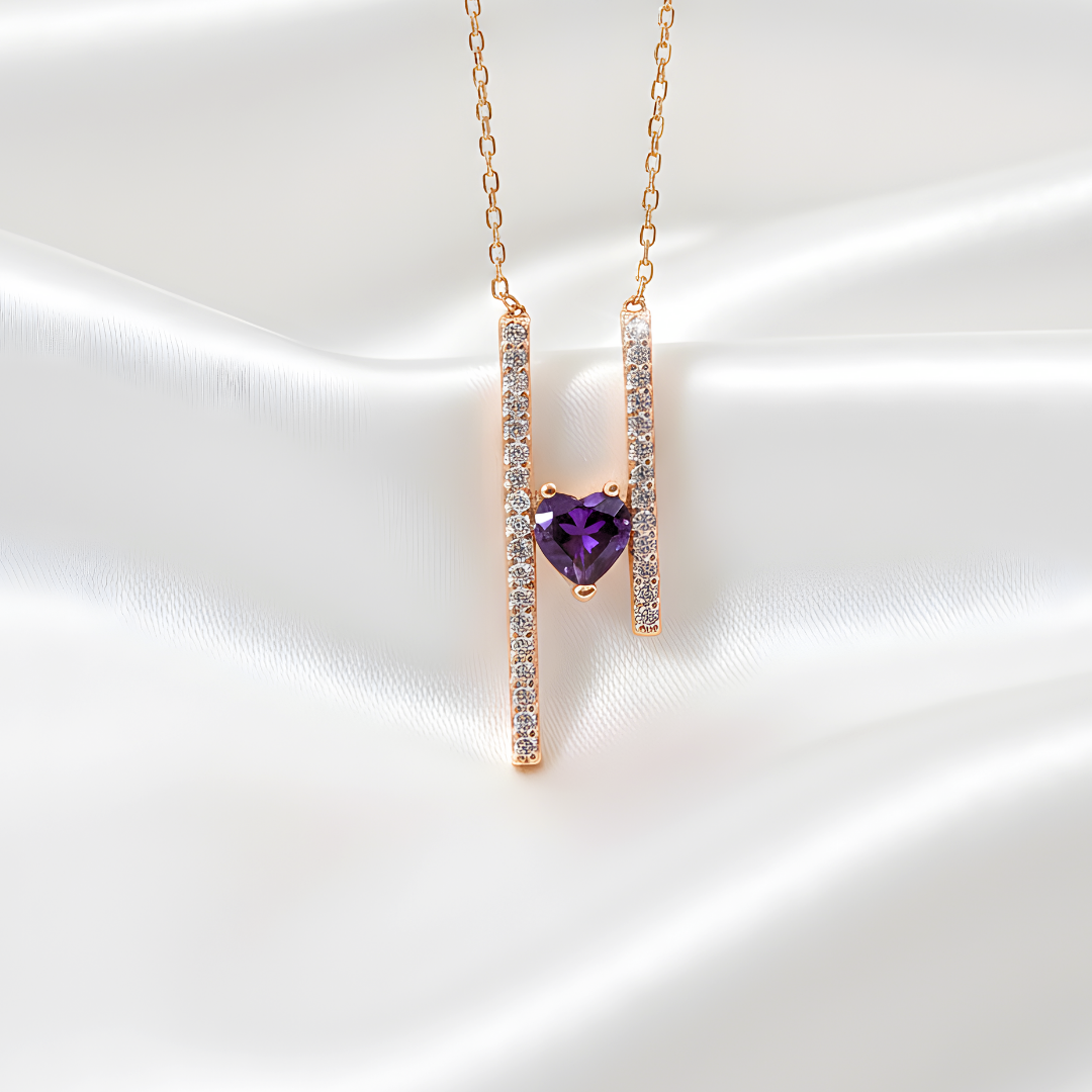 Amethyst Heart Bar Necklace In Rose Gold