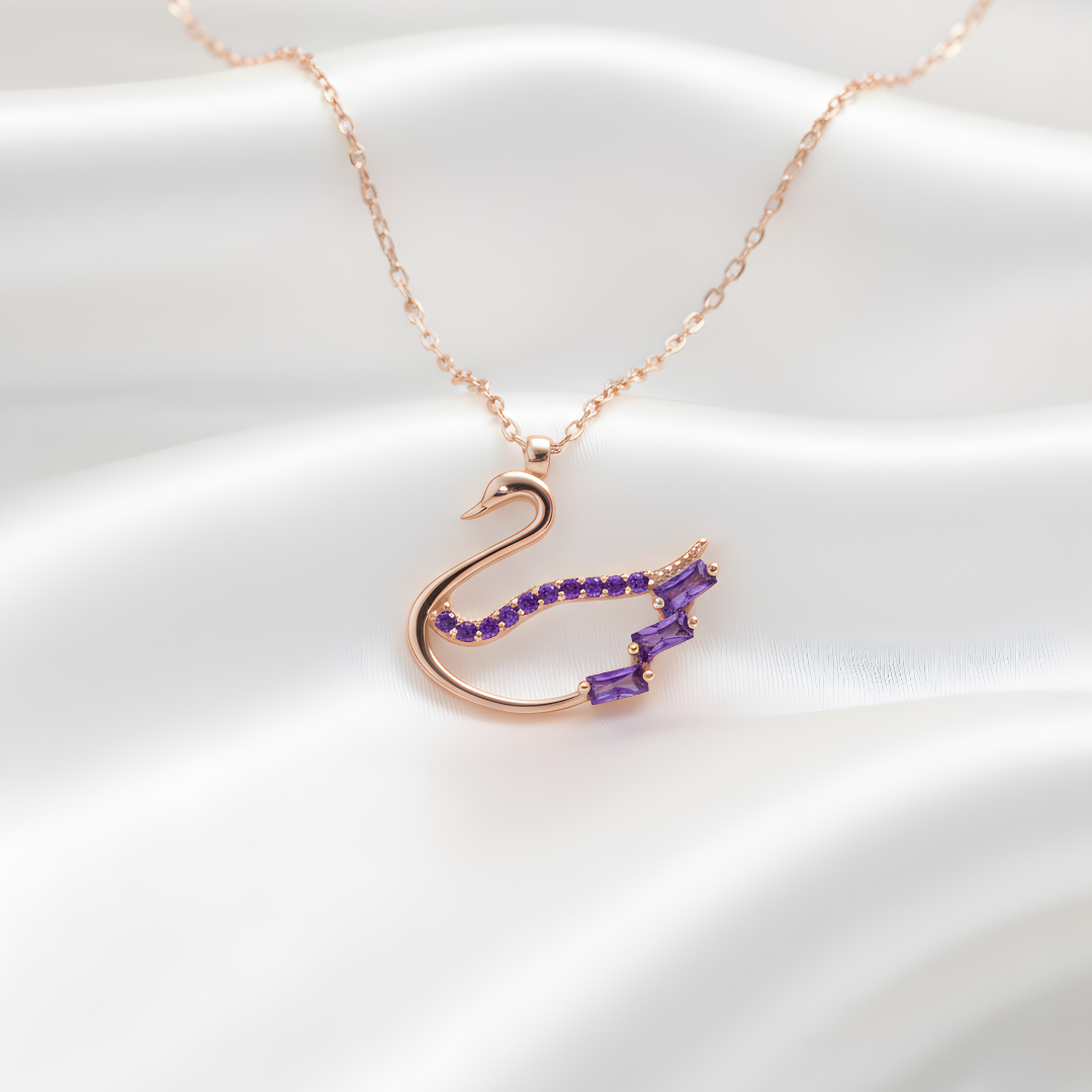 Purple Baguette Sparkling Swan Necklace In Rose Gold