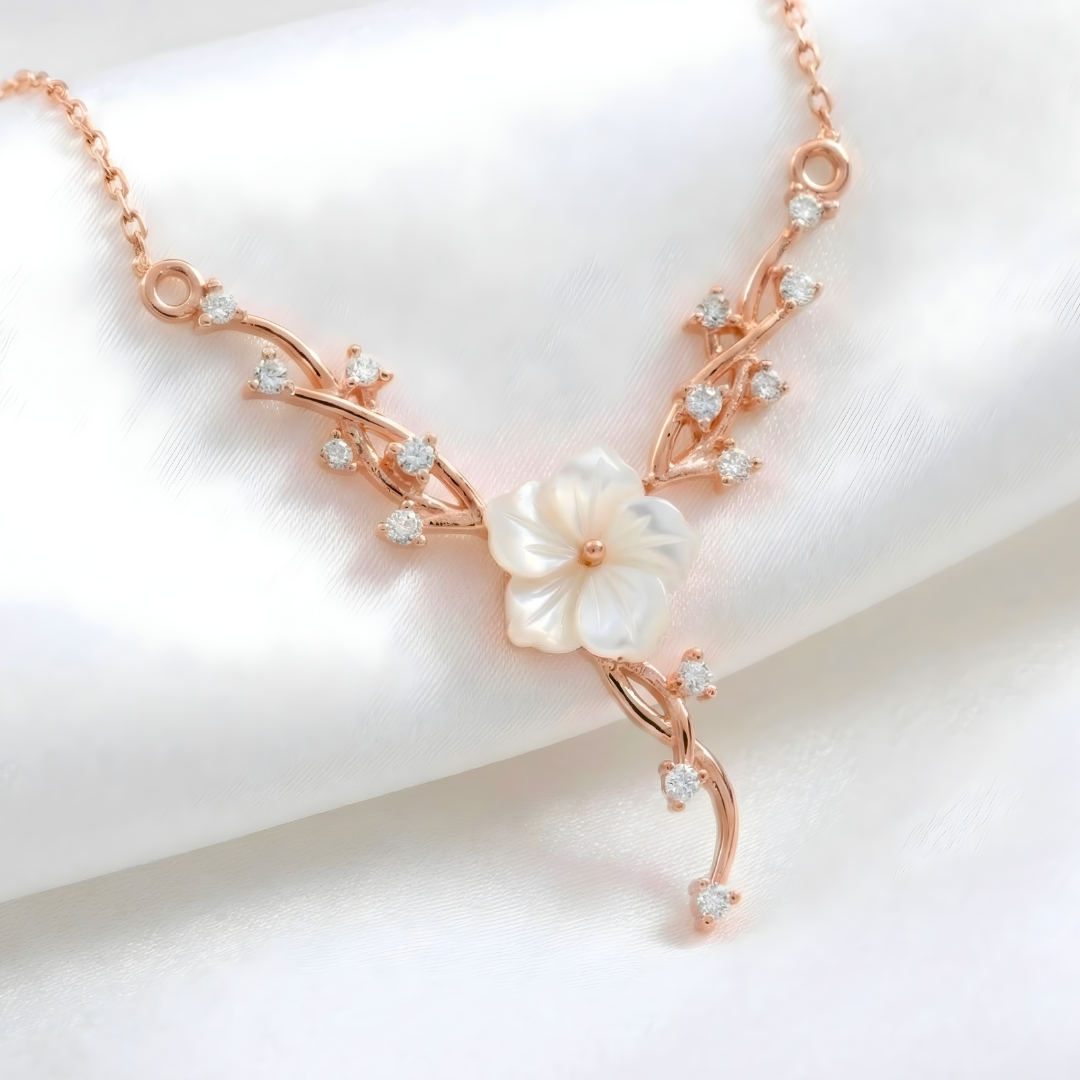 Magnolia and Ivy Flower Necklace In Rose Gold