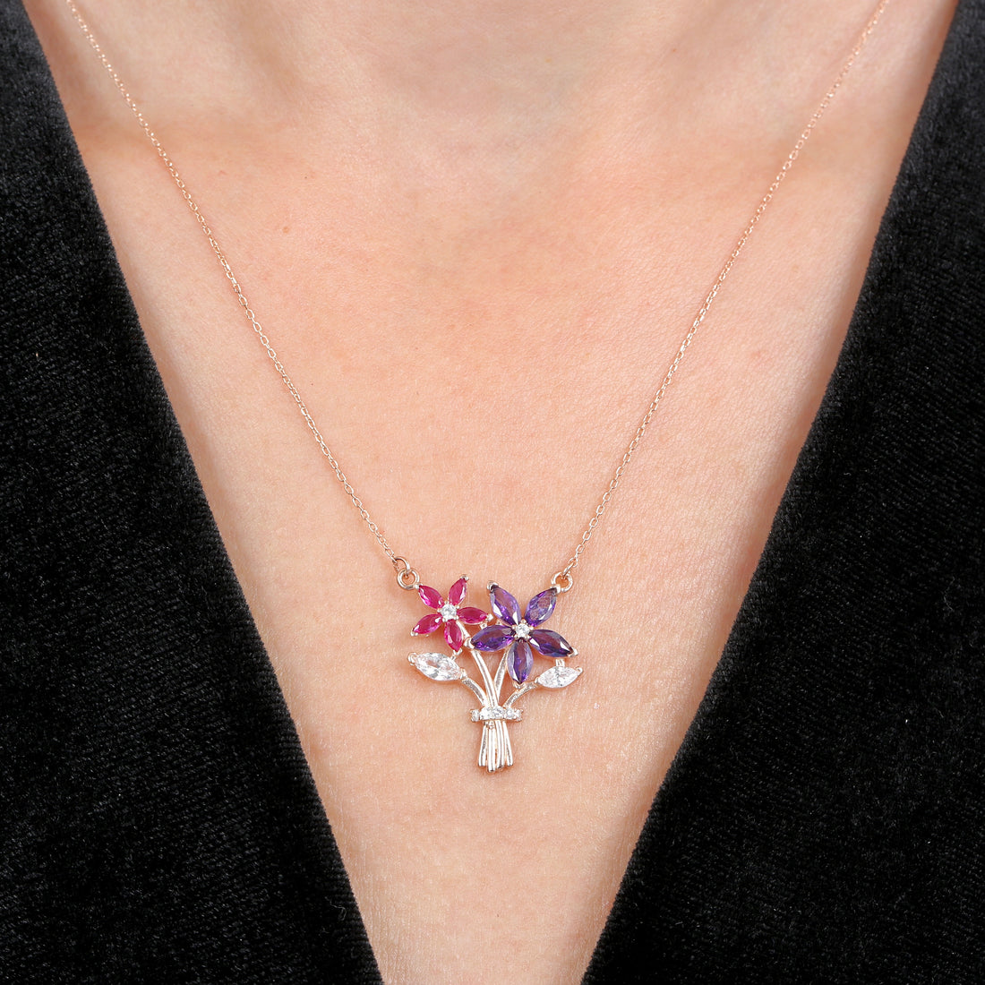 Rose Silver Fuchsia & Amethyst Love Bouquet Necklace