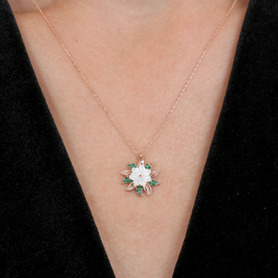 Sparkling Sun Magnolia Necklace in Rose Gold
