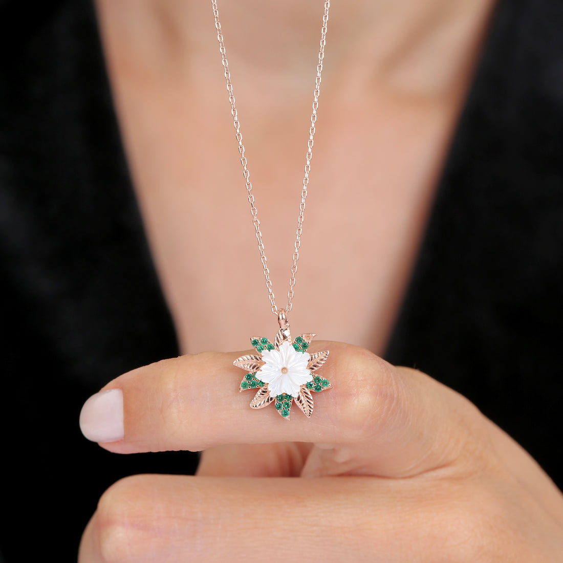 Sparkling Sun Magnolia Necklace in Rose Gold