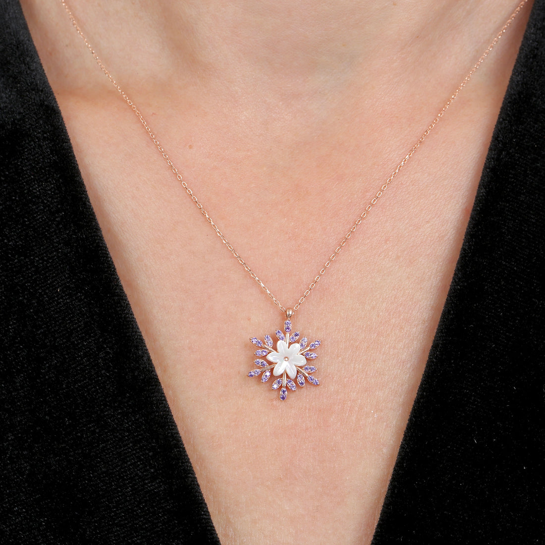 Amethyst Snowflake Flower Necklace In Rose Gold
