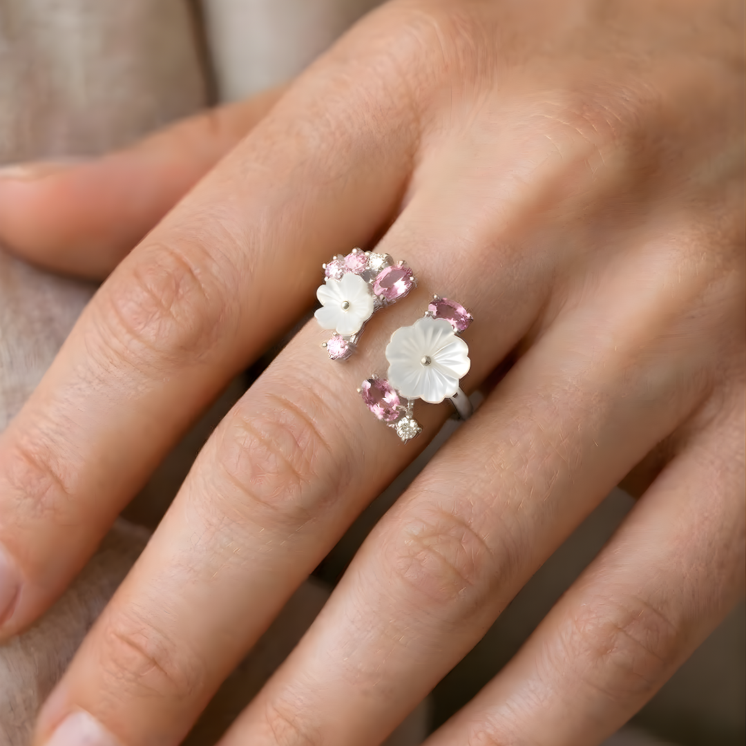 Blush Magnolia Love Flower Open Ring in Silver