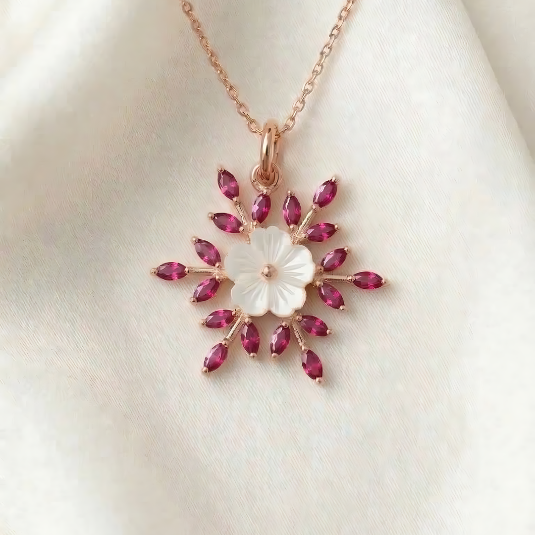 Fuchsia Snowflake Flower Necklace In Rose Gold