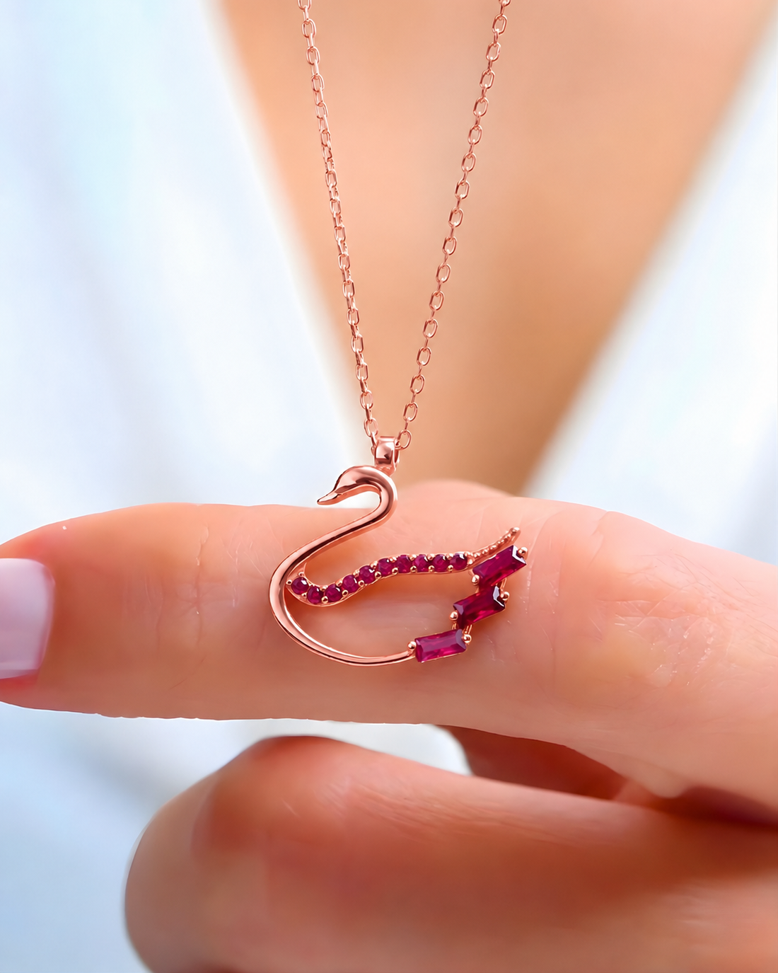 Ruby Baguette Sparkling Swan Necklace In Rose Gold