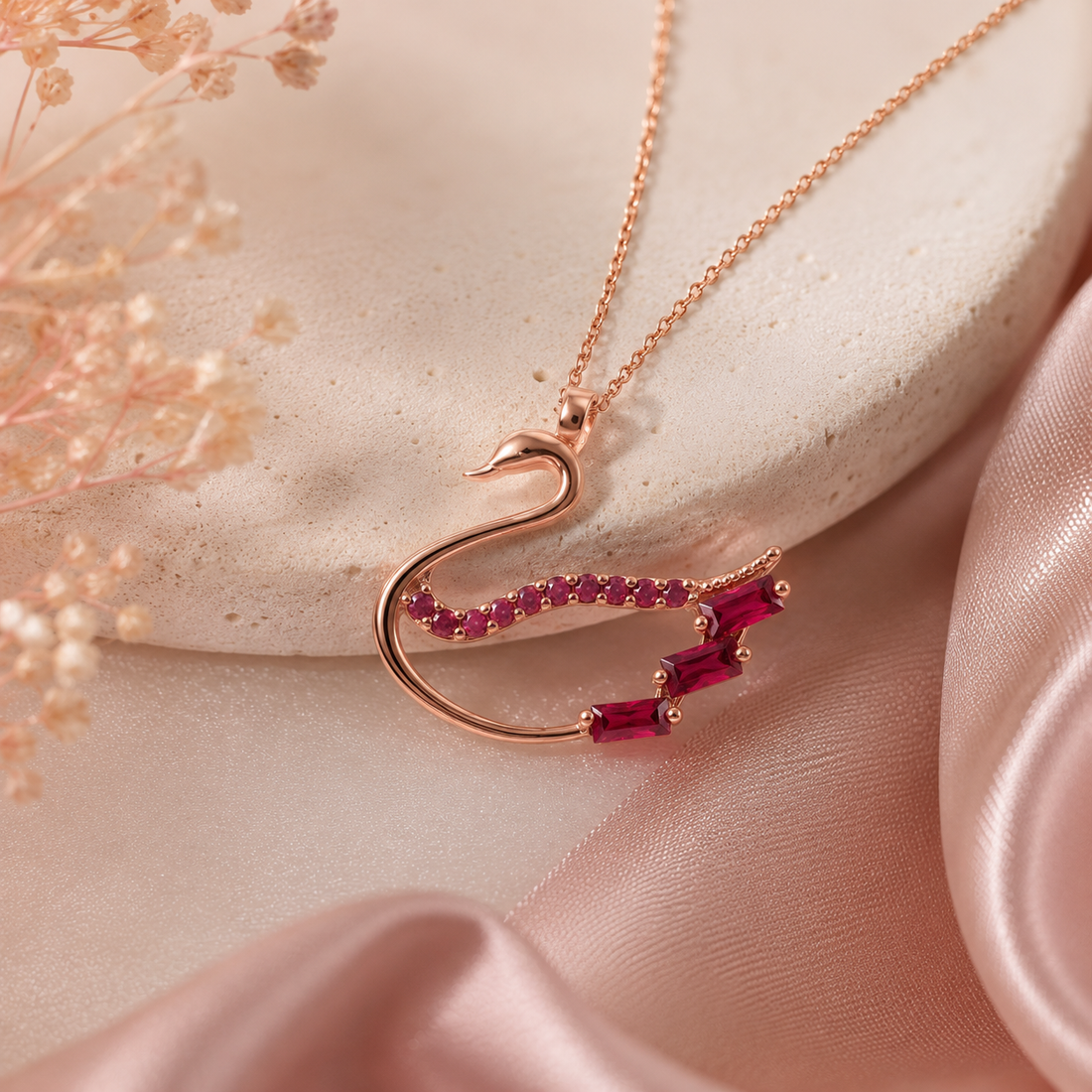 Ruby Baguette Sparkling Swan Necklace In Rose Gold