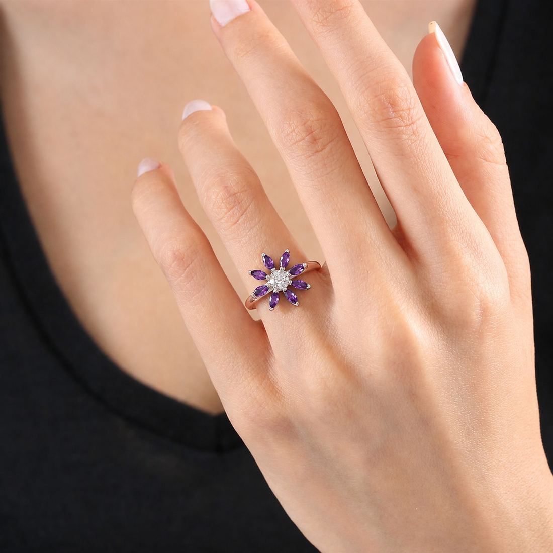 Amethyst Sunburst Bloom Ring in Rose Gold