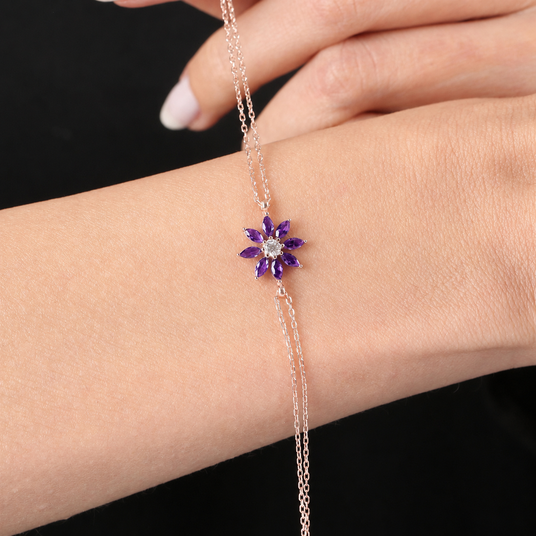 Amethyst Sunburst Bracelet In Rose Gold