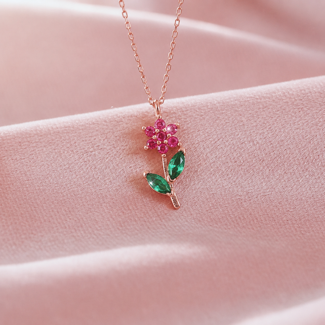 Flower Innocence Fuchsia & Emerald Necklace In Rose Gold