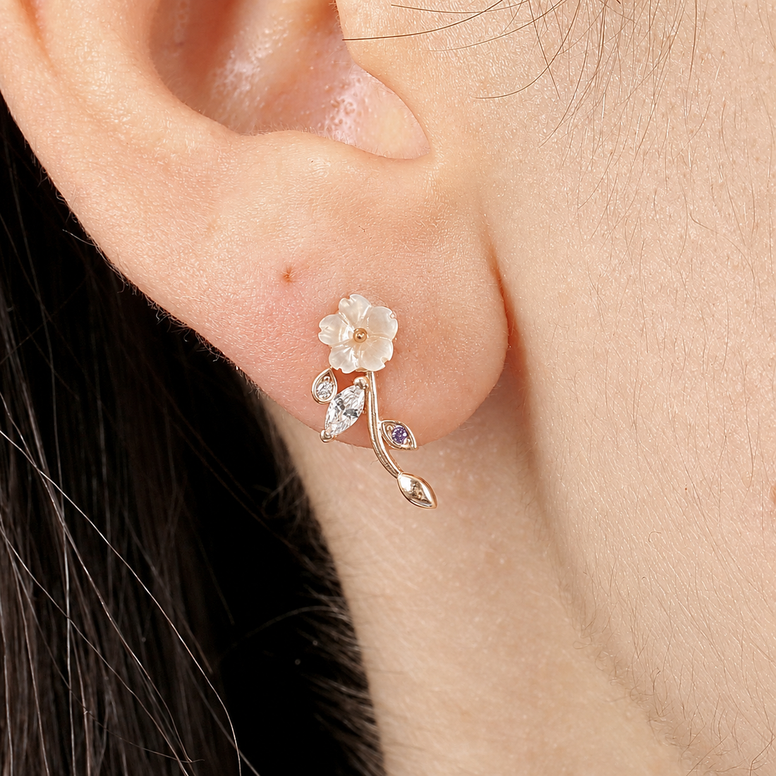 Magnolia Flower Vine Stud Earrings In Rose Gold