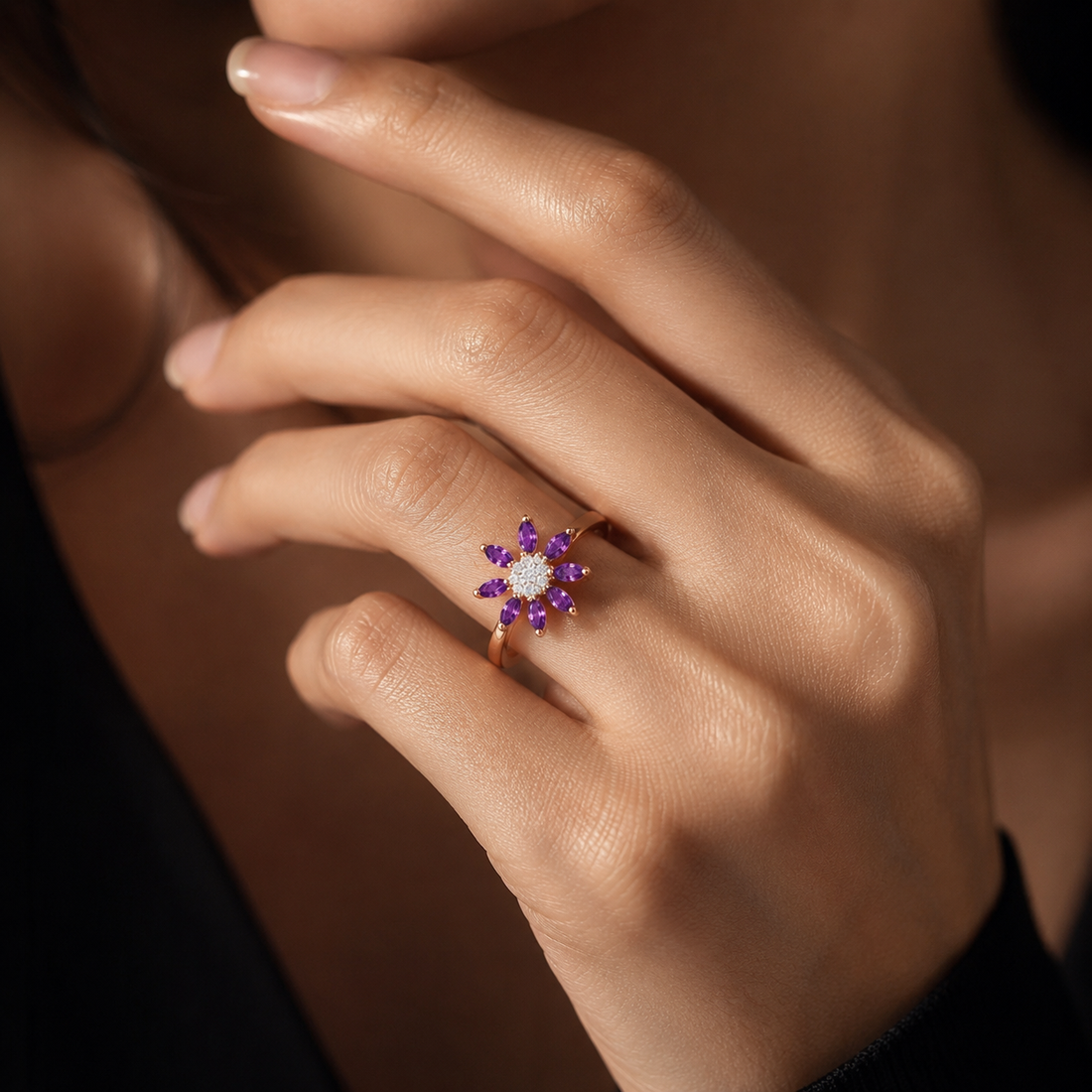 Amethyst Sunburst Bloom Ring in Rose Gold