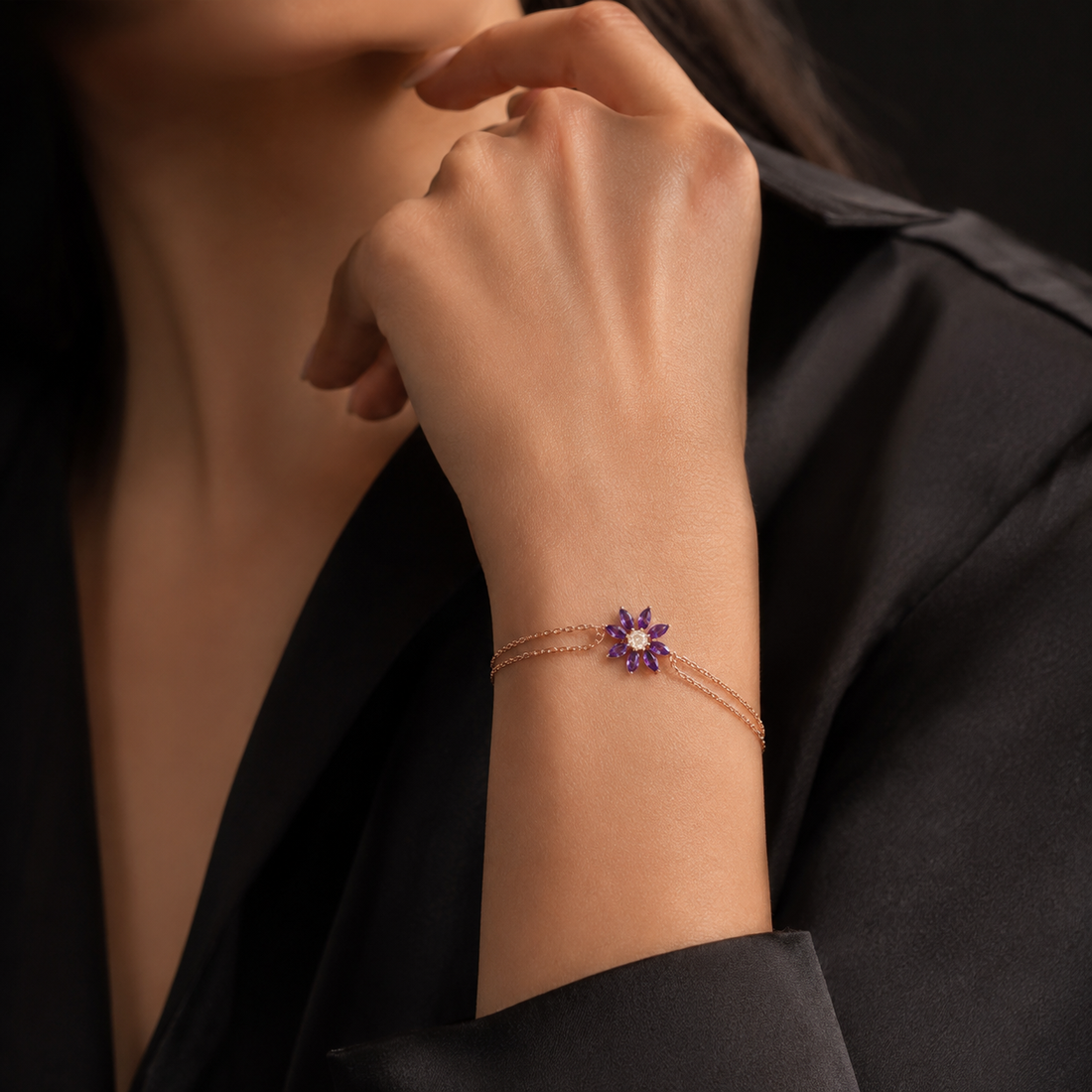 Amethyst Sunburst Bracelet In Rose Gold