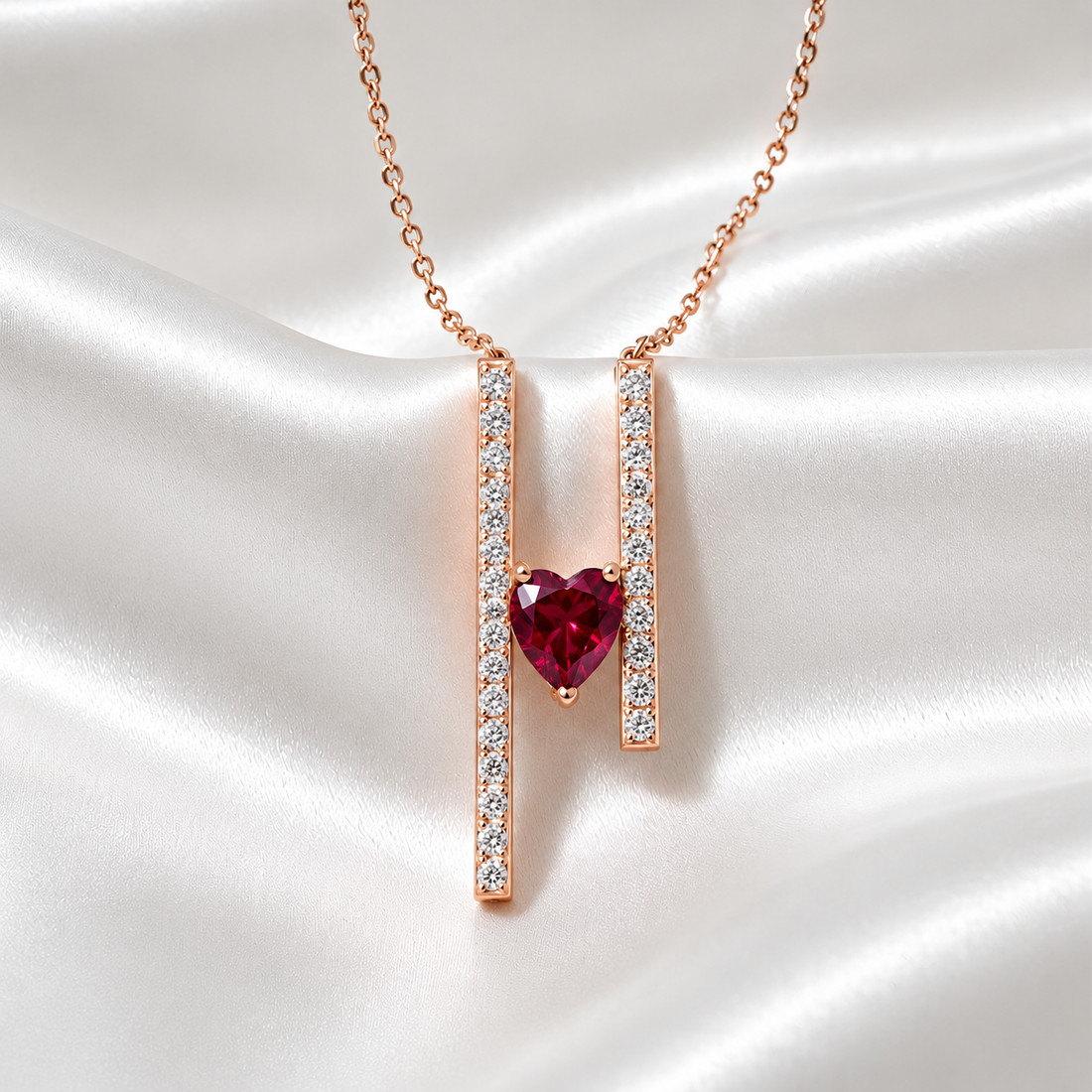 Ruby Heart Bar Pendant In Rose Gold
