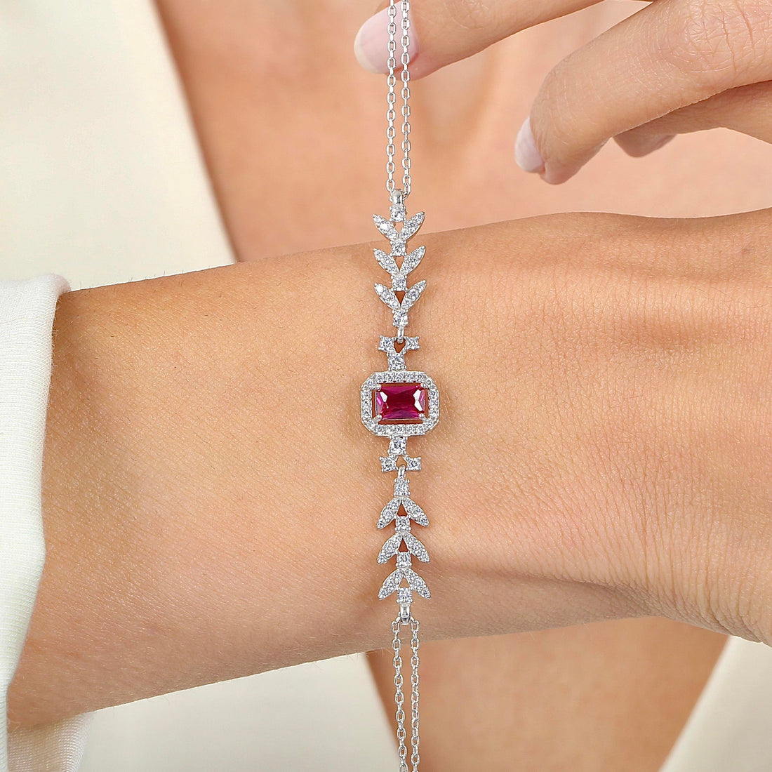 Ruby Bouquet Leaf Bracelet In Silver