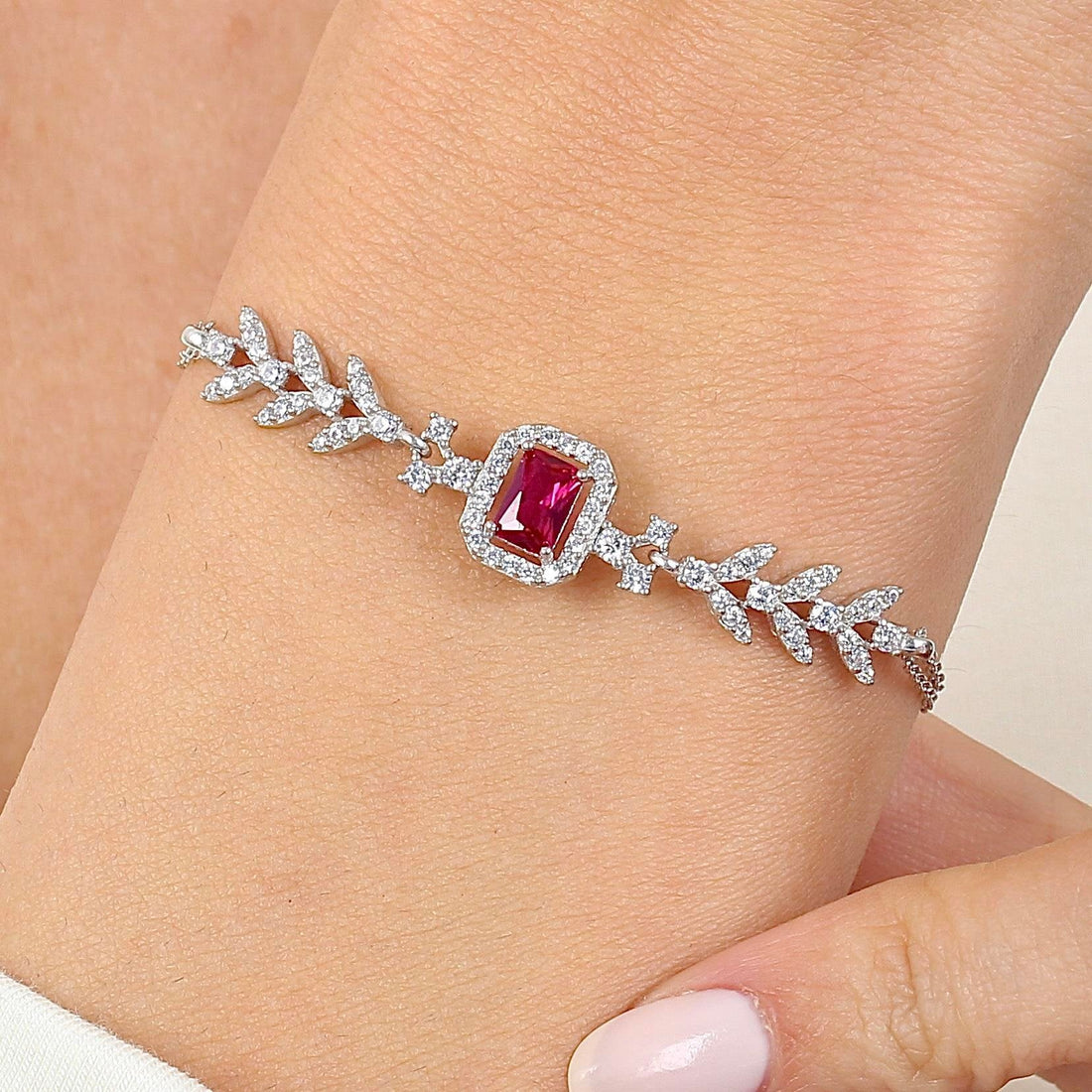 Ruby Bouquet Leaf Bracelet In Silver