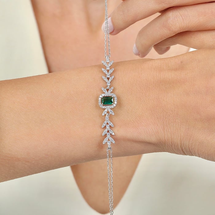 Emerald Bouquet Leaf Bracelet In Silver