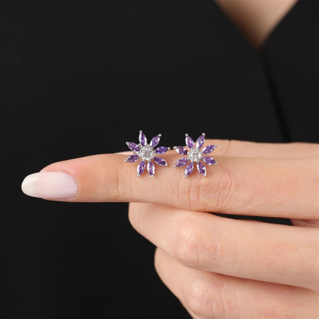 Violet Sunburst Stud Silver Earrings