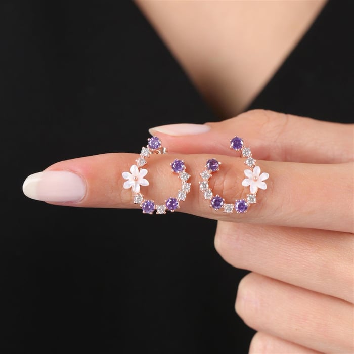 Violet Magnolia Wreath Earrings In Rose Gold