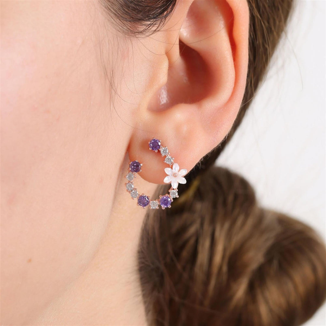 Violet Magnolia Wreath Earrings In Rose Gold
