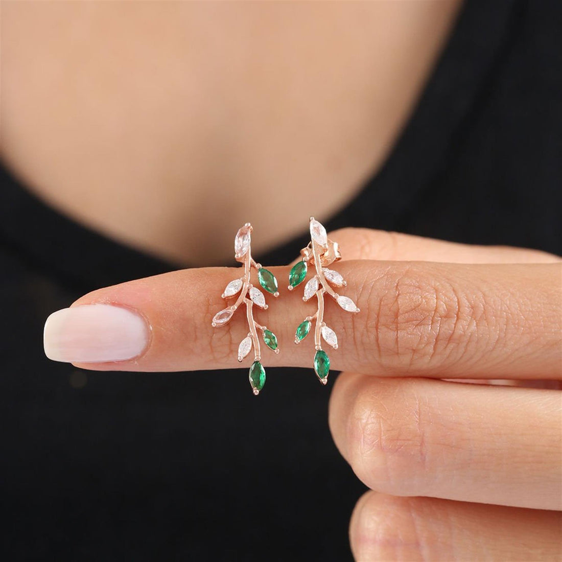 Emerald Laurel Climber Earrings In Rose Gold