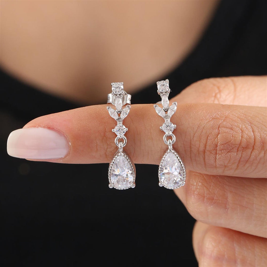 Crystal Vine Teardrop Drop Silver Earrings
