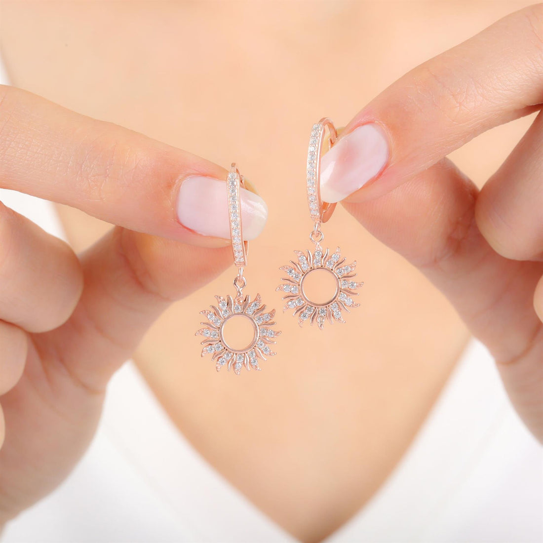Sunburst Halo Drop Earrings In Rose Gold