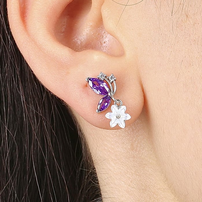 Lavender Magnolia Flutter Drop Earrings In Silver
