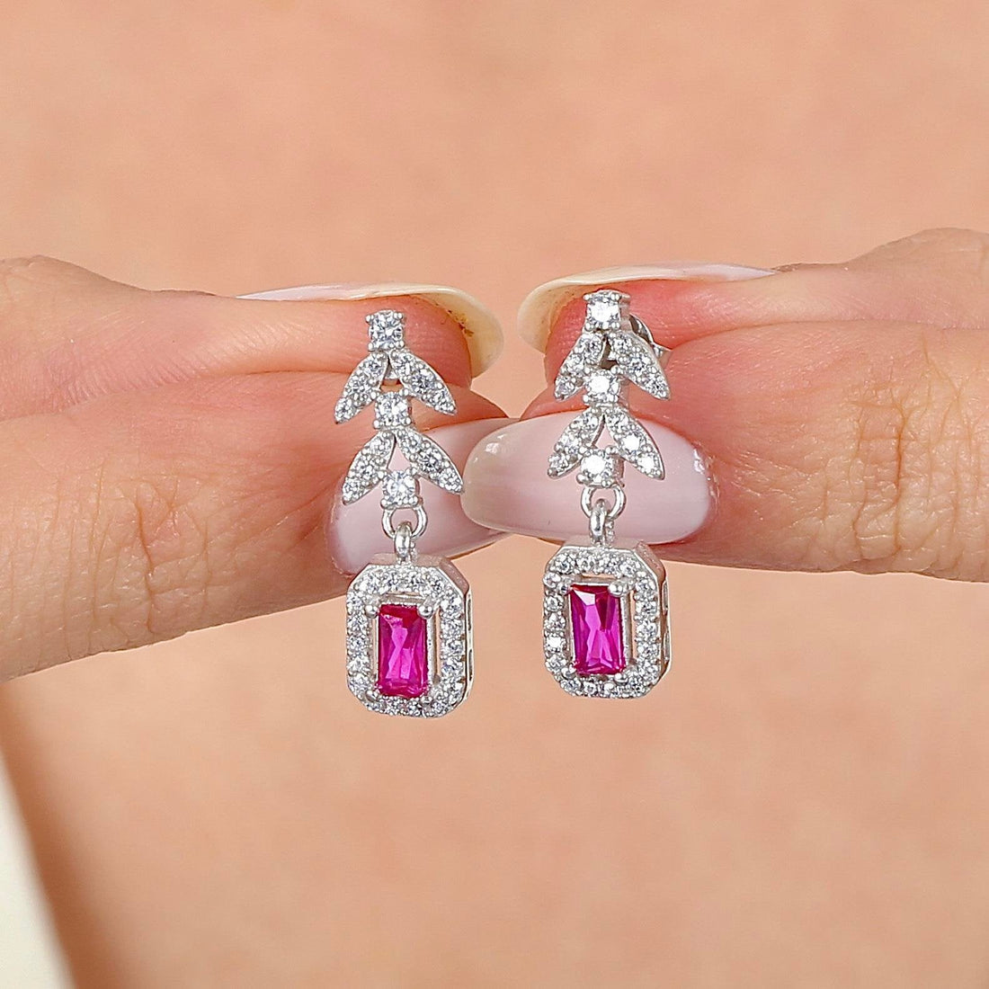 Ruby Red Leaf Halo Drop Silver Earrings