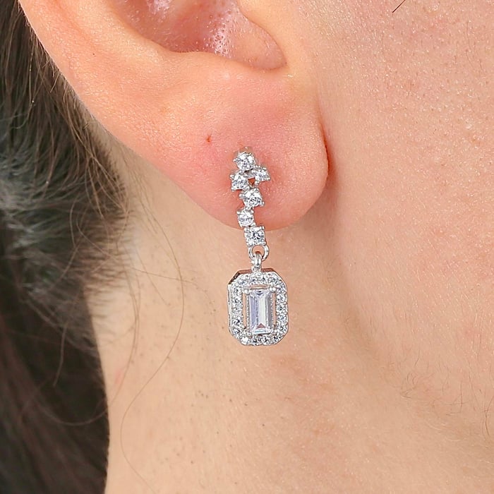 Ice Halo Baguette Drop Silver Earrings