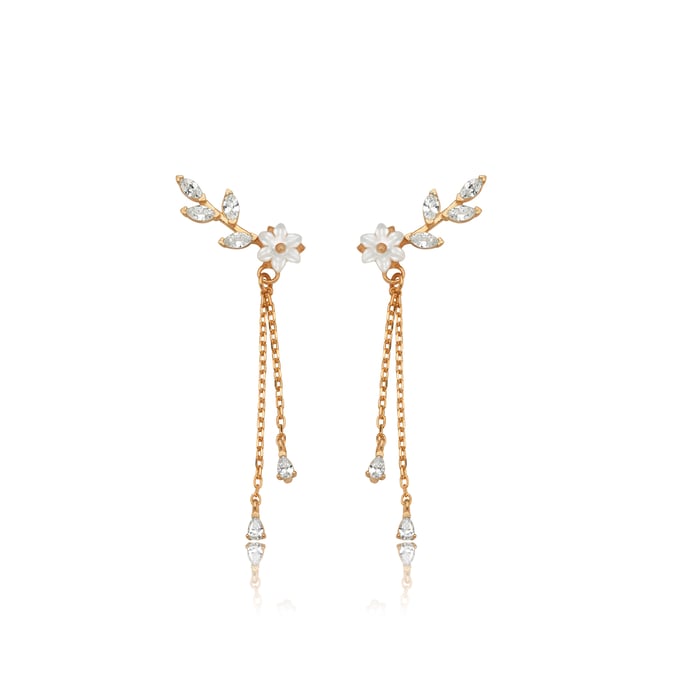 Magnolia Flower Vine Drop Earrings In Rose Gold