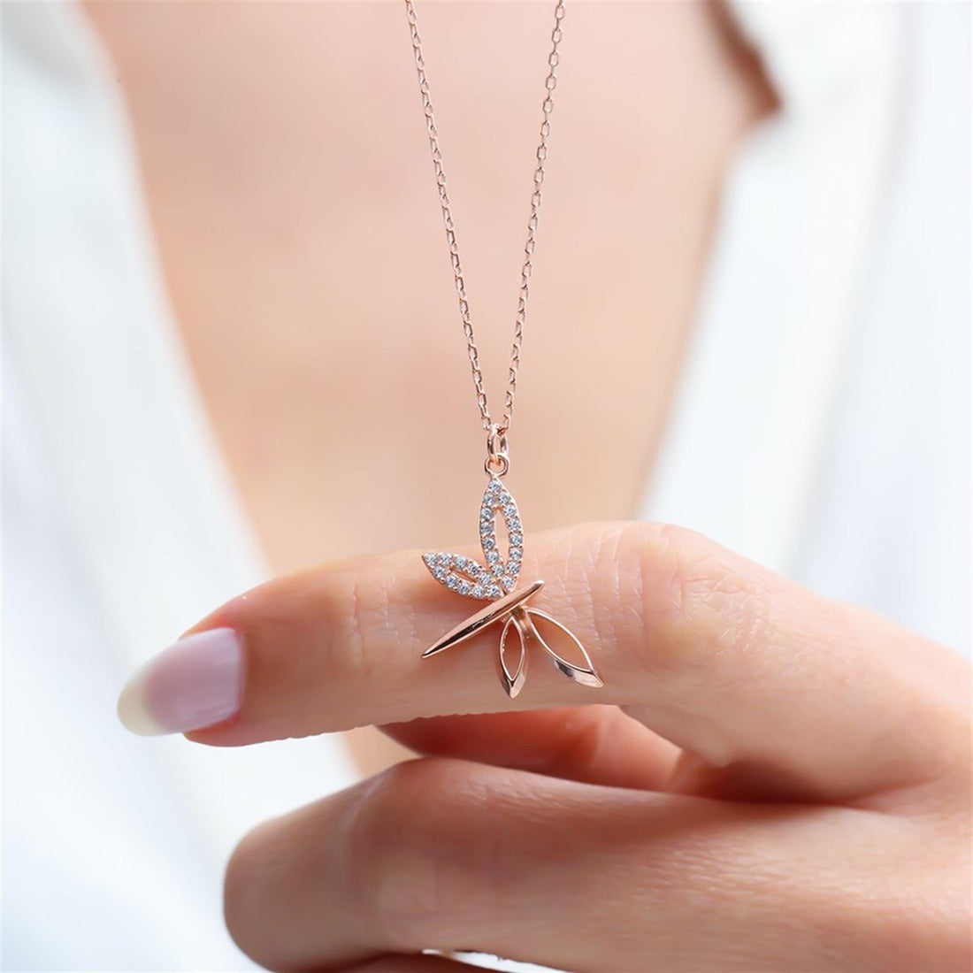 Sparkling Crystal Dragonfly Necklace In Rose Gold
