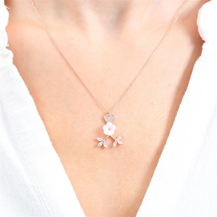 Sparkling Magnolia Flower Heart Necklace In Rose Gold