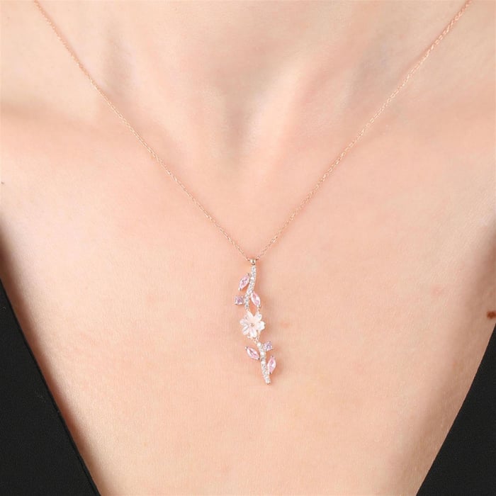 Pink Magnolia Flower Vine Necklace In Rose Gold