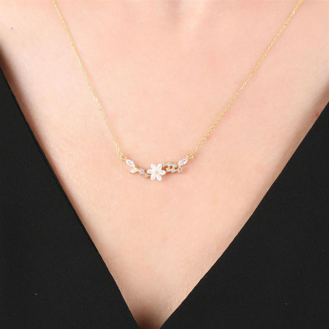 Magnolia Cluster Flower Necklace In Gold