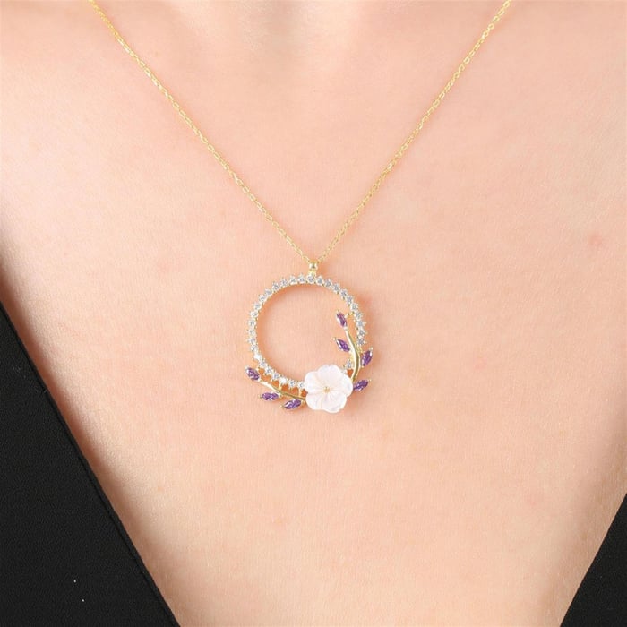 Amethyst Magnolia Flower Crown Necklace In Gold