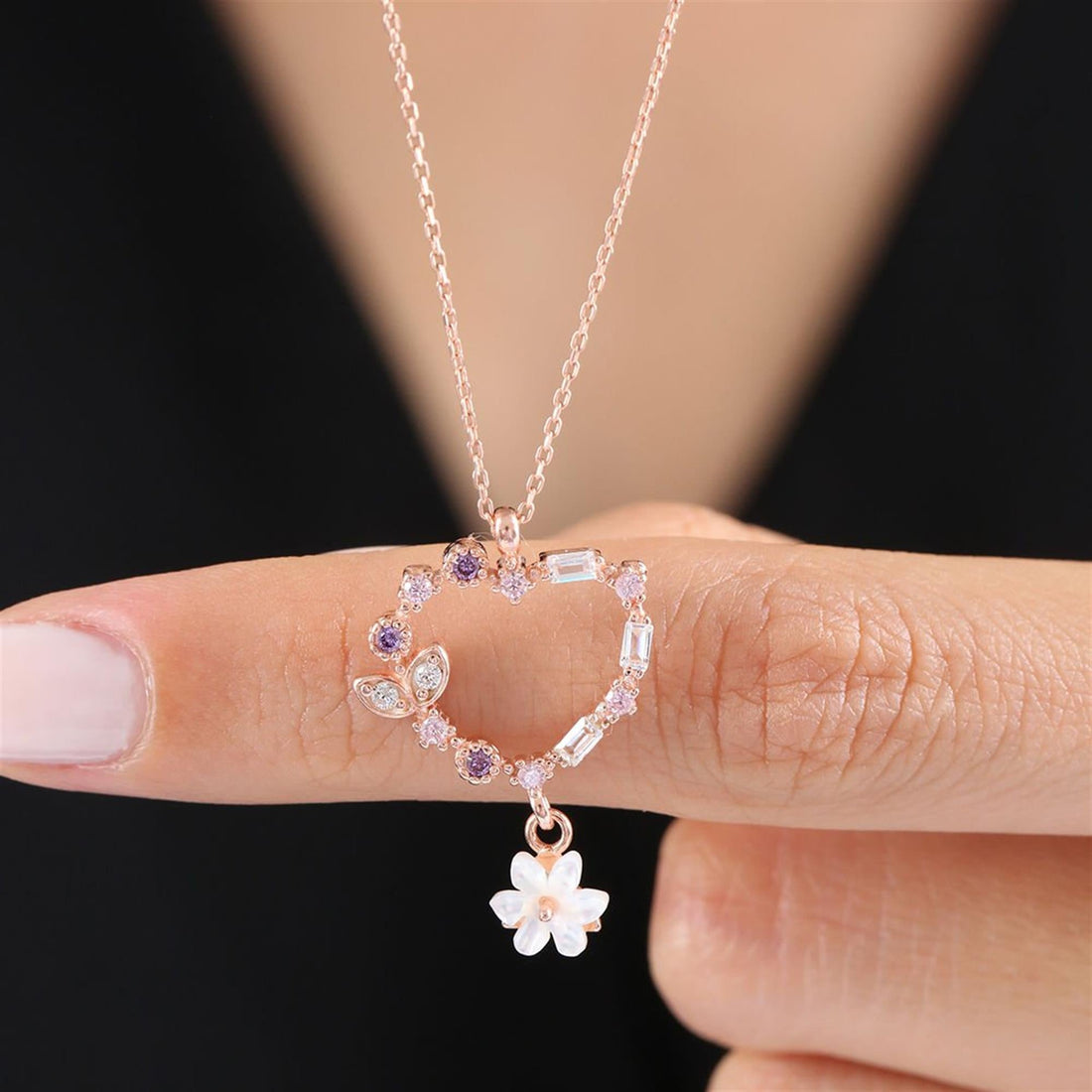 Magnolia Flower Heart Drop Necklace In Rose Gold