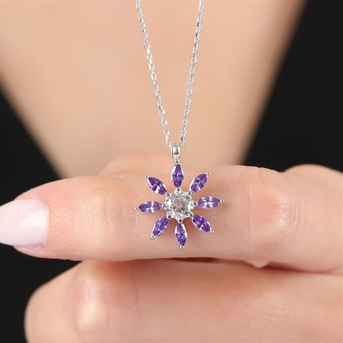 Amethyst Purple Sunburst Necklace In Silver