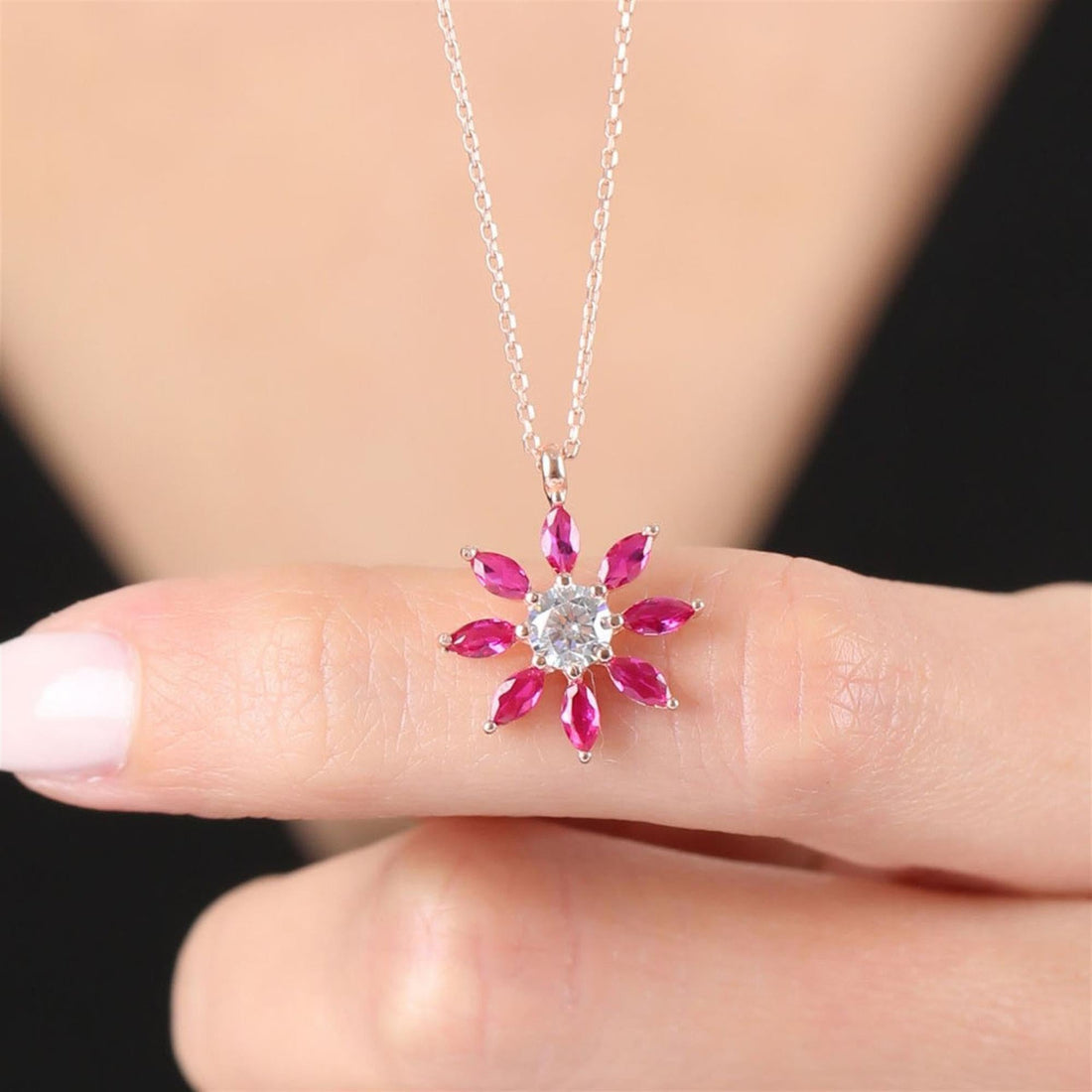 Pink Sunburst Necklace In Silver