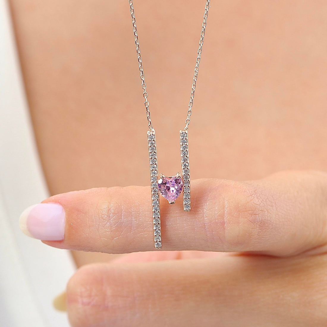 Pink-Heart Path Bar Necklace In Rose Gold