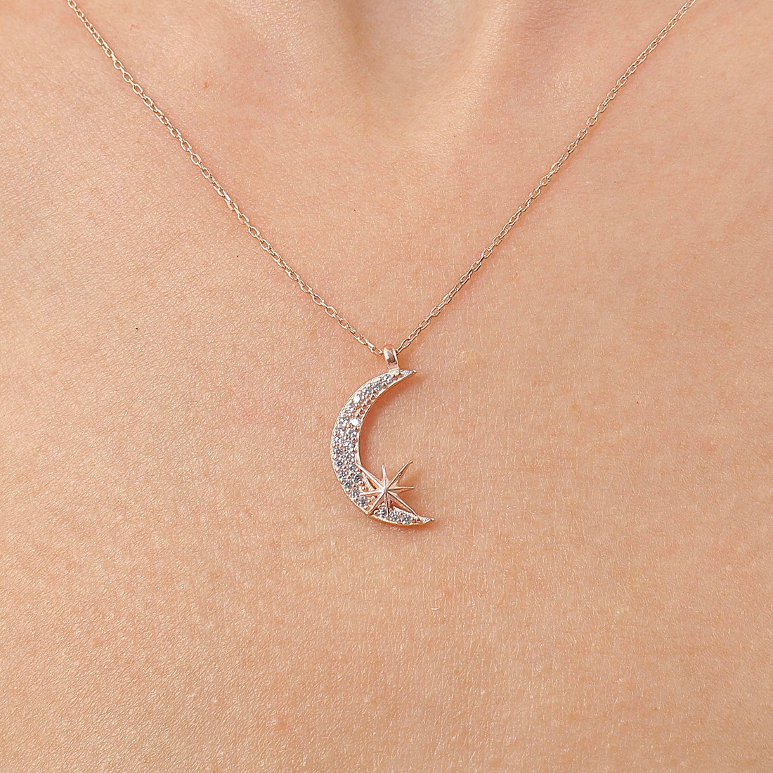 Sparkling Crescent & Star Necklace In Rose Gold