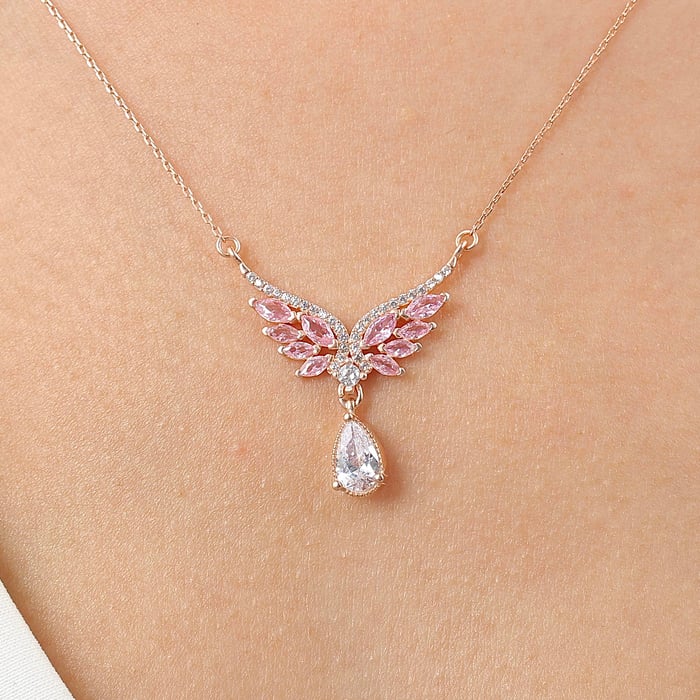 Pink Angel Wing Teardrop Necklace In Rose Gold