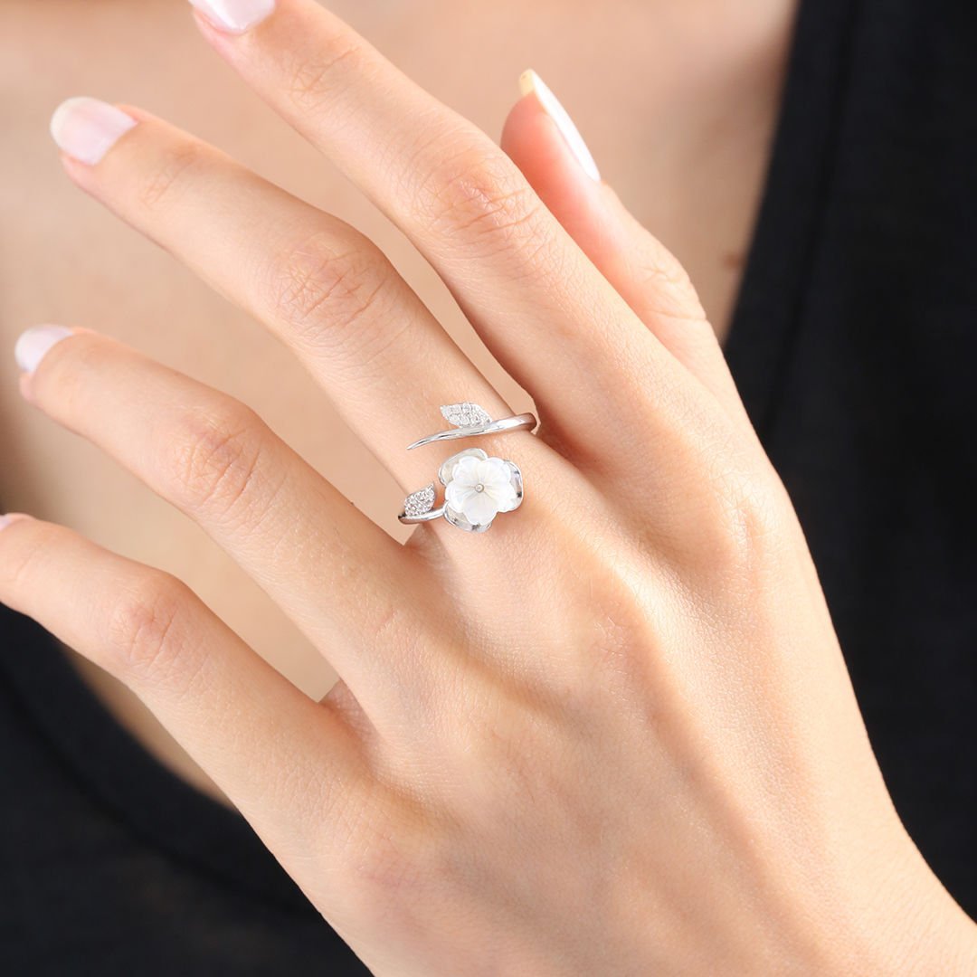Magnolia Blossom Leaf Wrap Silver Ring