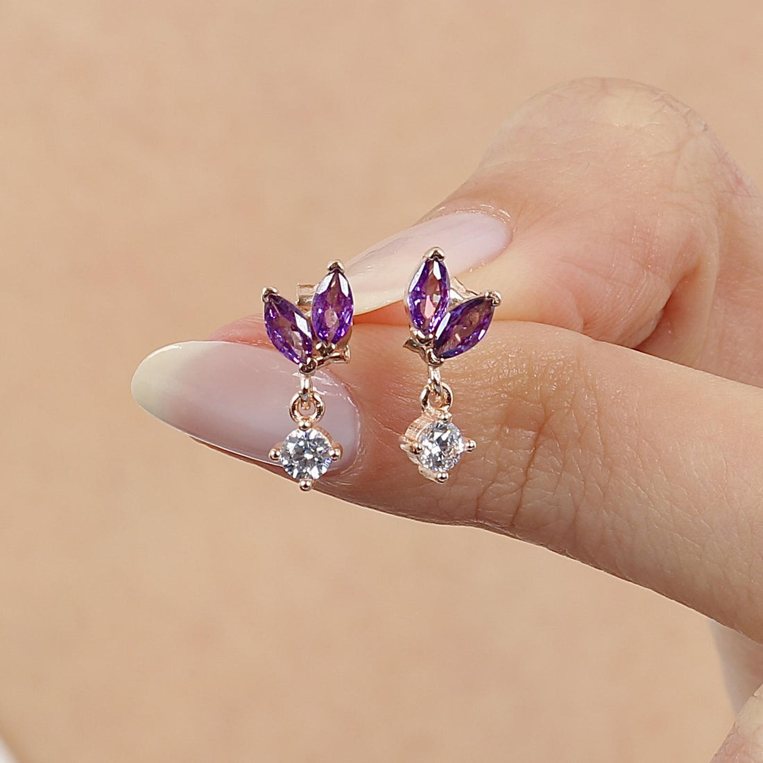Amethyst Leaf Bud Drop Earrings In Rose Gold