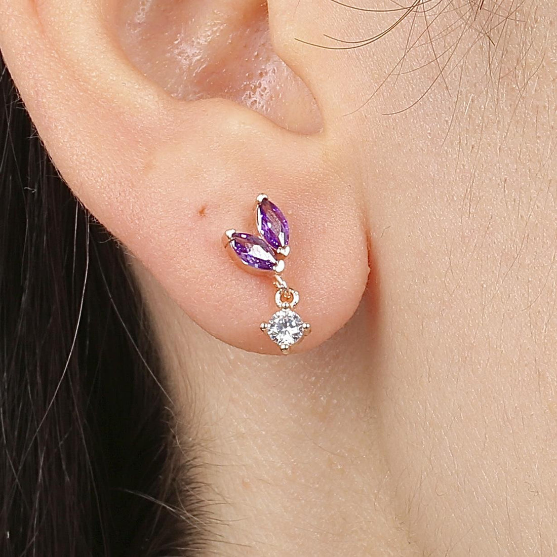 Amethyst Leaf Bud Drop Earrings In Rose Gold