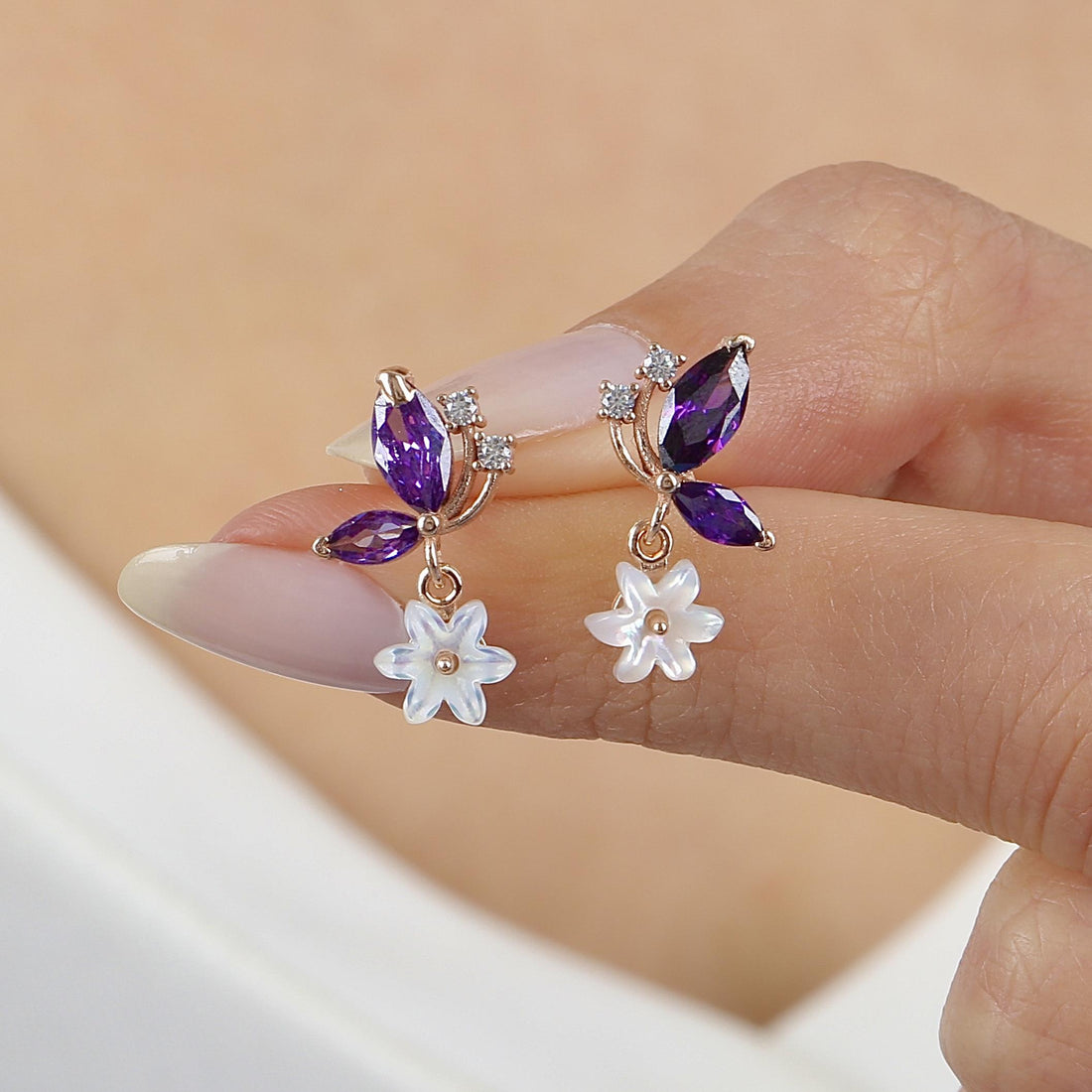 Amethyst Magnolia Flutter Drop Earrings In Rose Gold