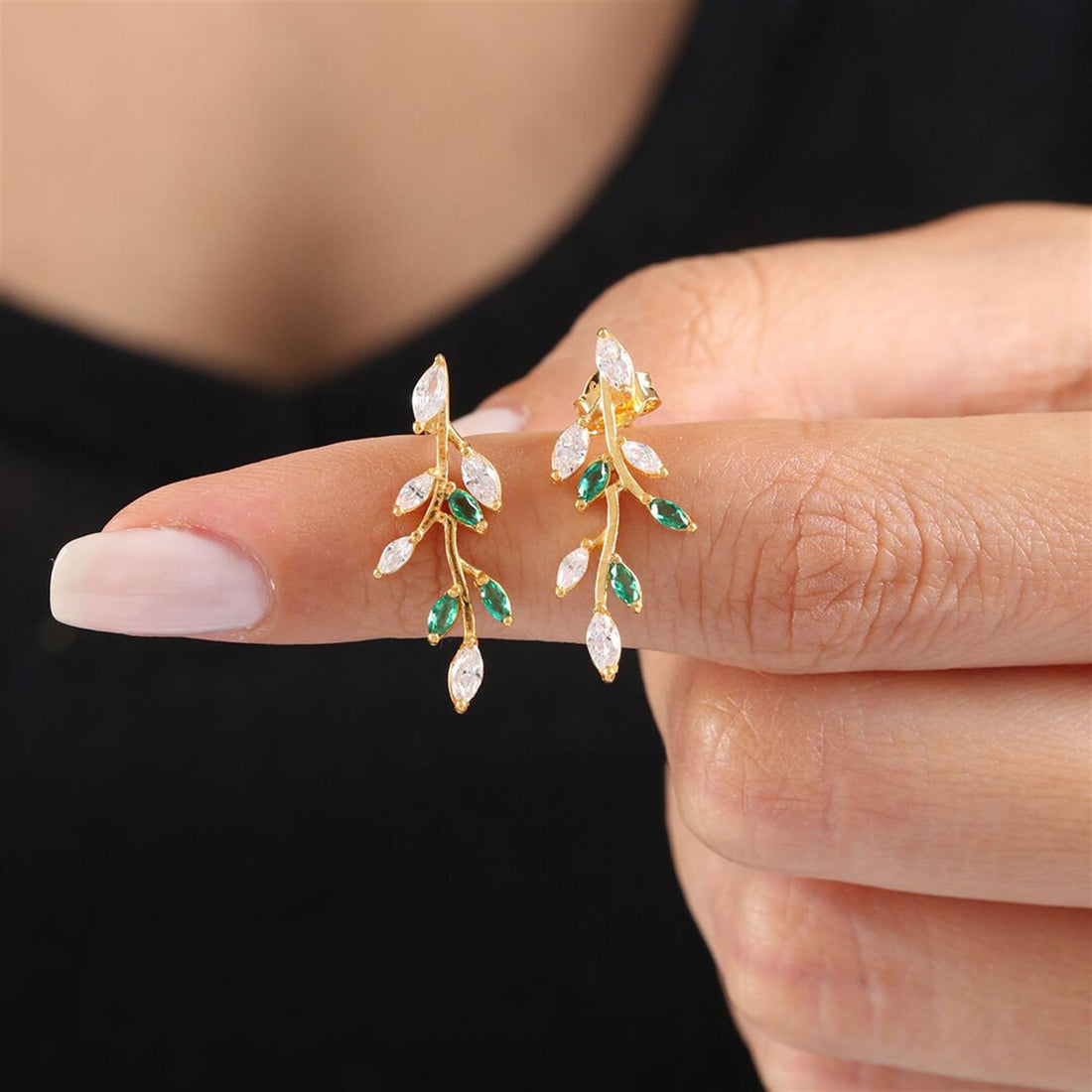 Emerald Laurel Climber Earrings In Gold