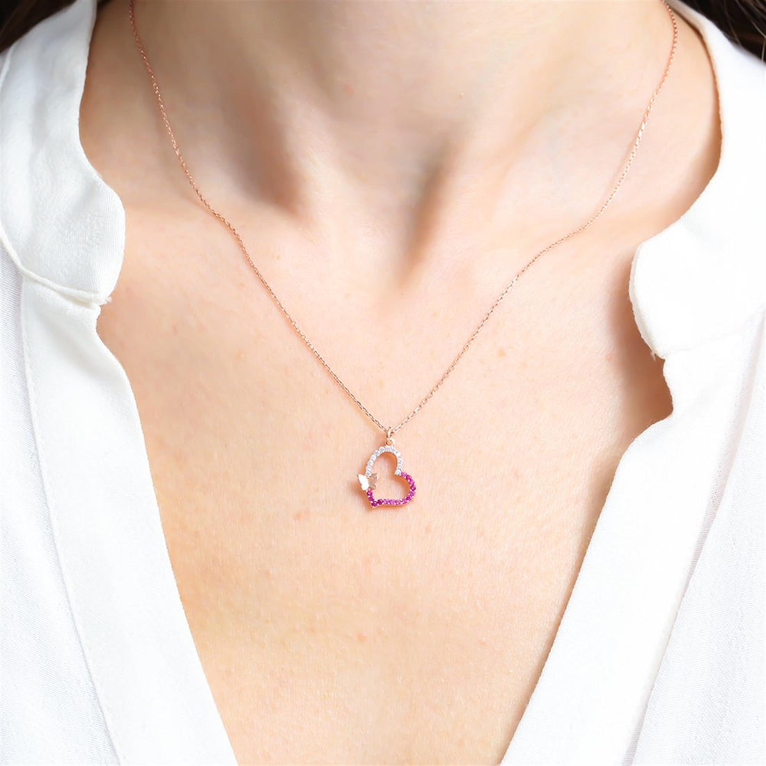 Fuschia Crystal Heart & Butterfly Necklace in Rose Gold