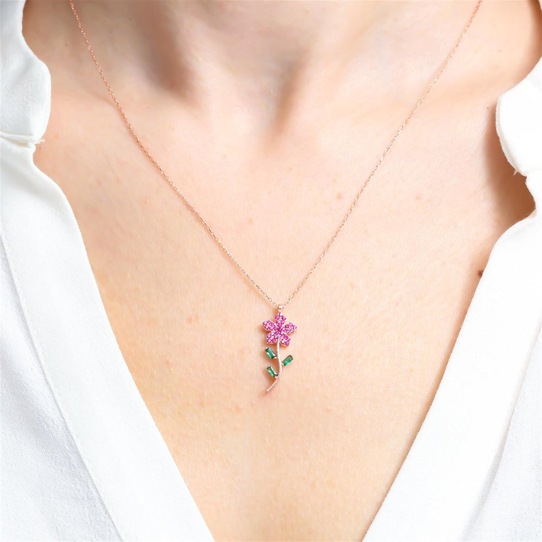 Fuschia Bloom Stem Necklace in Rose Gold